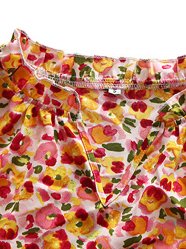 Floral Notch Neck Blouse - Ruffle Layered Cap Sleeve Top Blouses - Chuzko Women Clothing