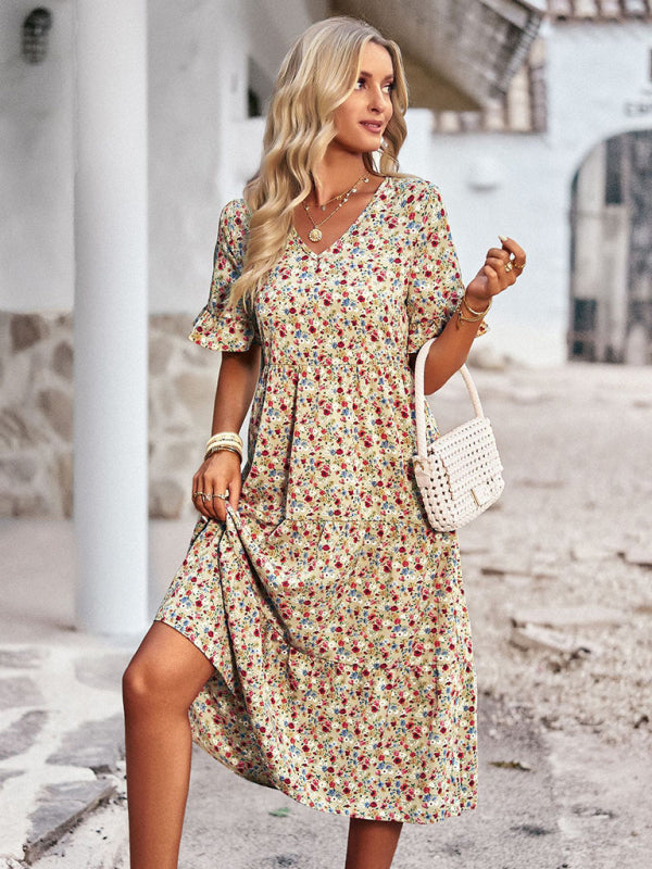 Tiered Floral V-Neck Dress:  Pleated Design & Ruffle Accents Floral Dresses - Chuzko Women Clothing