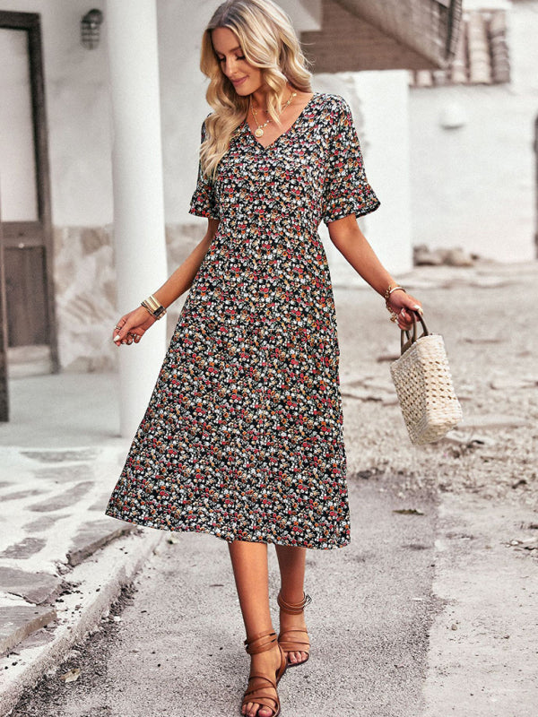 Tiered Floral V-Neck Dress:  Pleated Design & Ruffle Accents Floral Dresses - Chuzko Women Clothing