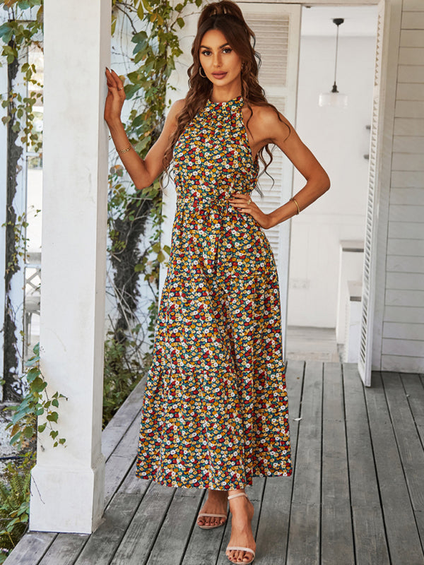 Floral Tiered Halter Tank Dress: Ditsy Print, Mid Calf Length Floral Dresses - Chuzko Women Clothing