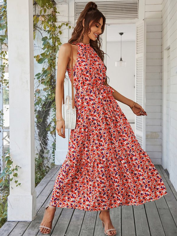 Floral Tiered Halter Tank Dress: Ditsy Print, Mid Calf Length Floral Dresses - Chuzko Women Clothing