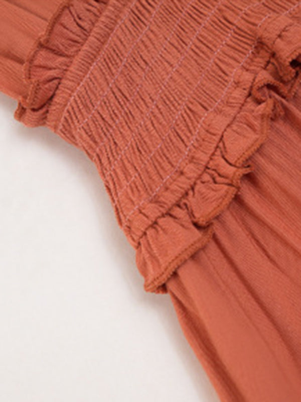 Solid Flared Sleeve Ruffle Hem Smocked Waist Midi Dress Midi Dresses - Chuzko Women Clothing