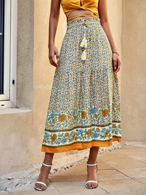Tiered Floral Long Skirt with Adjustable Waist - High Rise Midi Skirt Floral Skirt - Chuzko Women Clothing