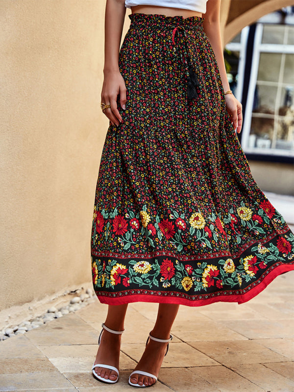 Tiered Floral Long Skirt with Adjustable Waist - High Rise Midi Skirt Floral Skirt - Chuzko Women Clothing