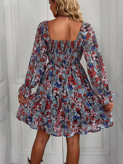 Autumn Floral Dress with Lantern Sleeves, Elastic Bodice, Tiered Skirt Floral Dresses - Chuzko Women Clothing