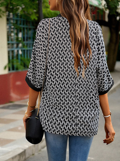 Geometric Print Half Sleeve Blouse - Contrast Trim, Notch Neck Top Blouses - Chuzko Women Clothing