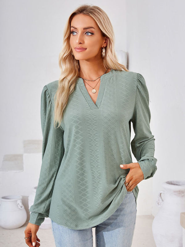 Jacquard Chevron V-Neck Blouse -  Long Puff Sleeve Texture T-Shirts T-Shirts - Chuzko Women Clothing