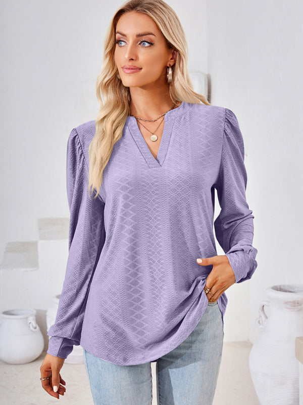 Jacquard Chevron V-Neck Blouse -  Long Puff Sleeve Texture T-Shirts T-Shirts - Chuzko Women Clothing
