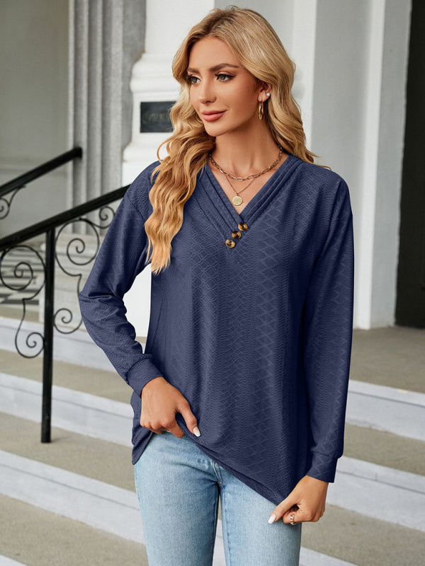 Textured V Neck Long Sleeve Tee with Buttons Appliqué T-shirts - Chuzko Women Clothing