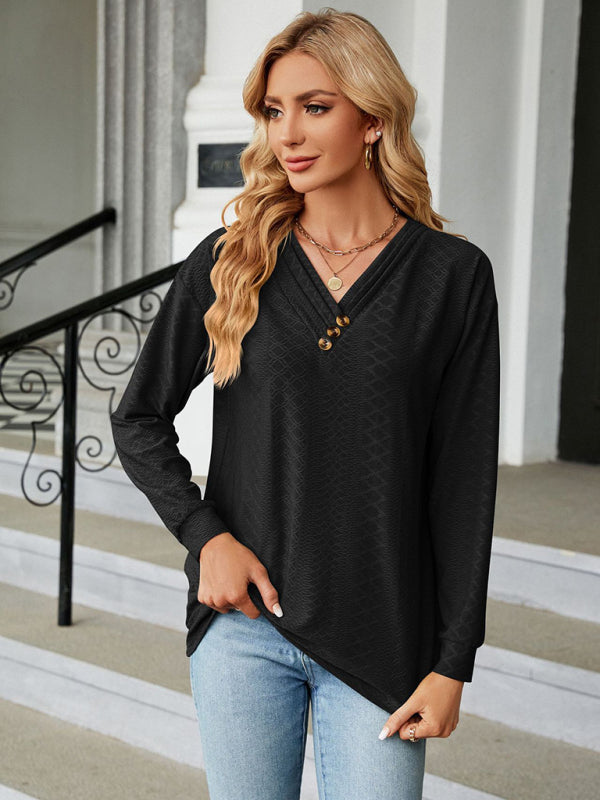 Textured V Neck Long Sleeve Tee with Buttons Appliqué T-shirts - Chuzko Women Clothing