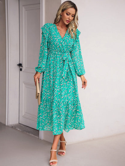 Floral Ruffle Belted Surplice Midi Dress with Long Sleeve Floral Dresses - Chuzko Women Clothing