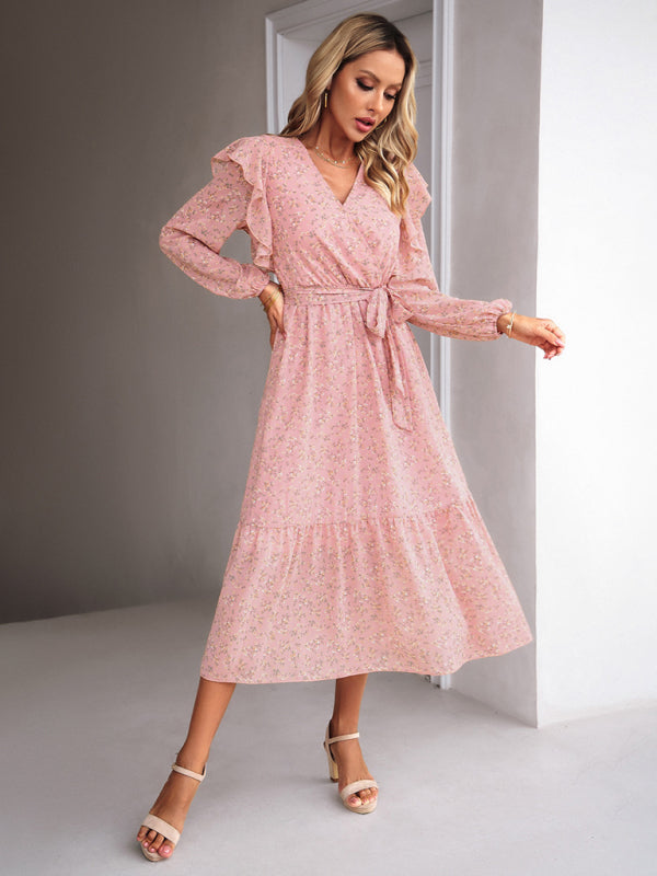 Floral Ruffle Belted Surplice Midi Dress with Long Sleeve Floral Dresses - Chuzko Women Clothing
