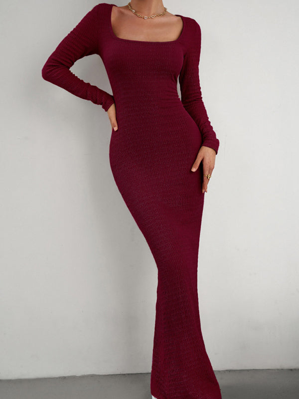Knitted Mermaid Bodycon Maxi Dress with Long Sleeves, Square Neck Bodycon Dresses - Chuzko Women Clothing