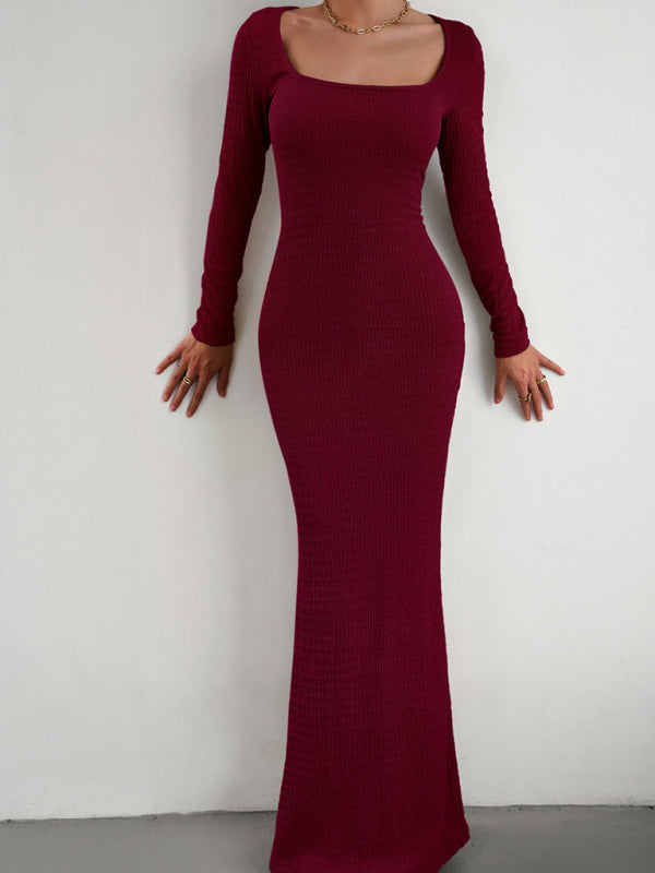 Knitted Mermaid Bodycon Maxi Dress with Long Sleeves, Square Neck Bodycon Dresses - Chuzko Women Clothing