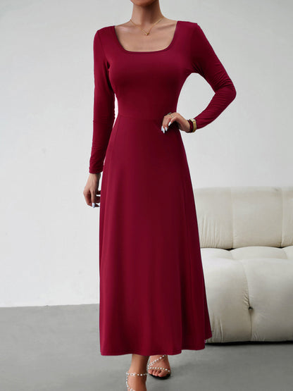 Elegant Fall-Winter A-Line Maxi Dress with Lace-Up Waist Long Dresses - Chuzko Women Clothing
