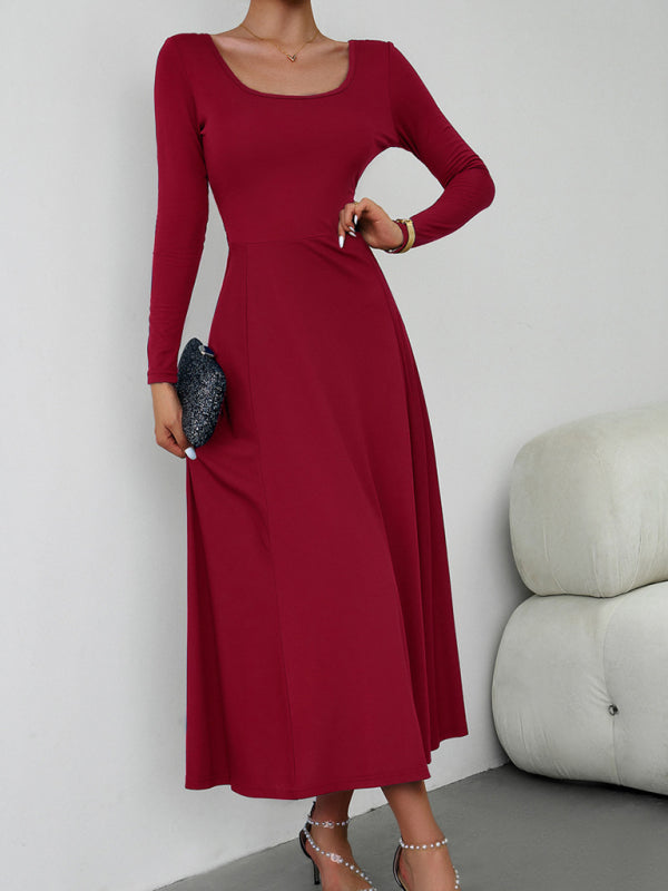 Elegant Fall-Winter A-Line Maxi Dress with Lace-Up Waist Long Dresses - Chuzko Women Clothing