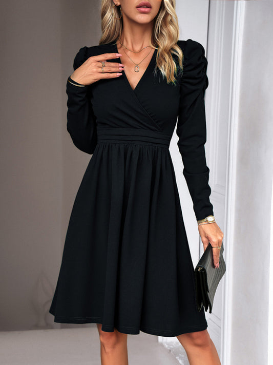 Elegant Solid A-line Surplice V-Neck Puff Long sleeve Midi Dress Midi Dresses - Chuzko Women Clothing