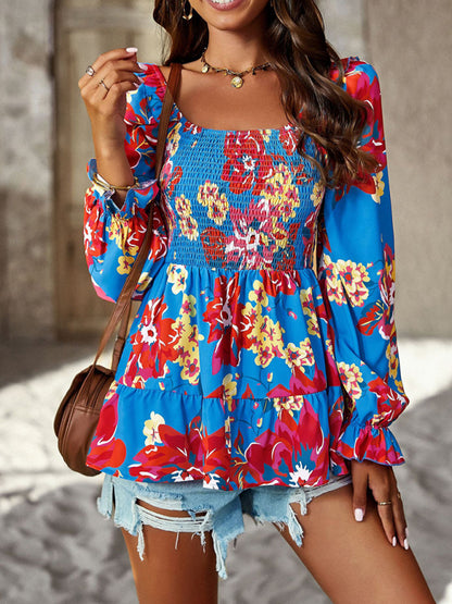 Floral Lantern Sleeve Blouse: Smocked Top, Off-Shoulder Wear Blouses - Chuzko Women Clothing