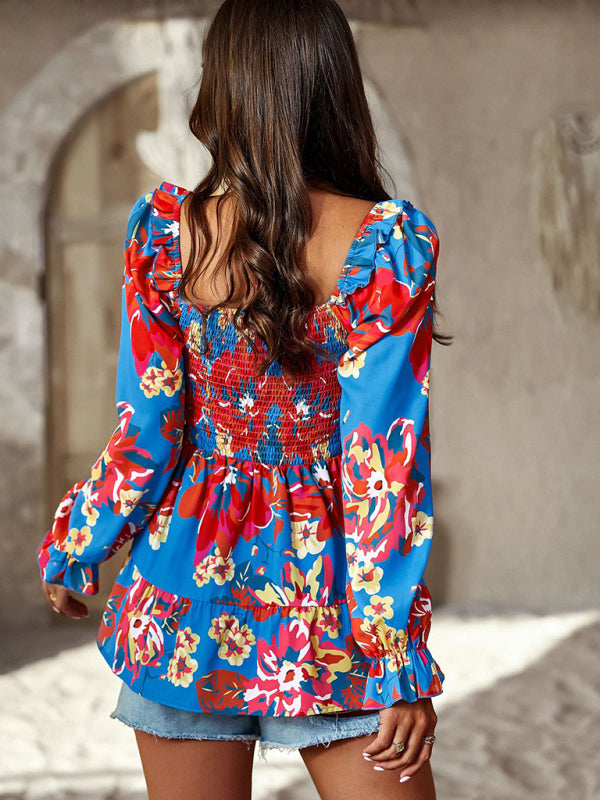 Floral Lantern Sleeve Blouse: Smocked Top, Off-Shoulder Wear Blouses - Chuzko Women Clothing