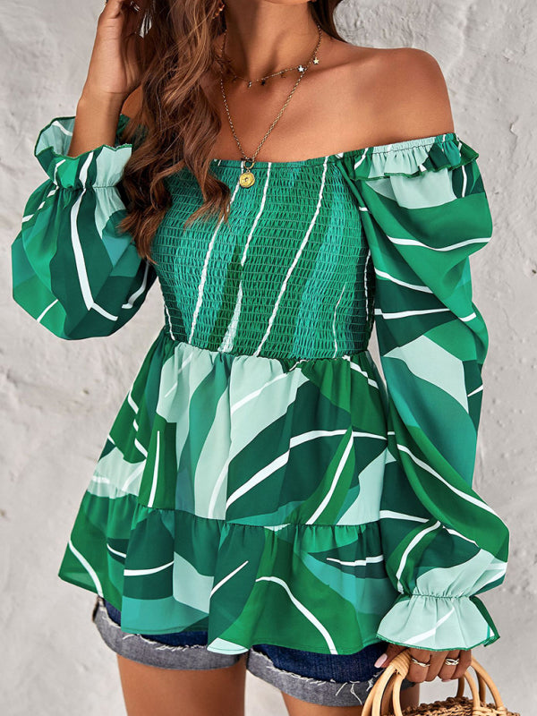 Floral Lantern Sleeve Blouse: Smocked Top, Off-Shoulder Wear Blouses - Chuzko Women Clothing