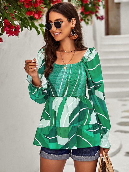 Floral Lantern Sleeve Blouse: Smocked Top, Off-Shoulder Wear Blouses - Chuzko Women Clothing