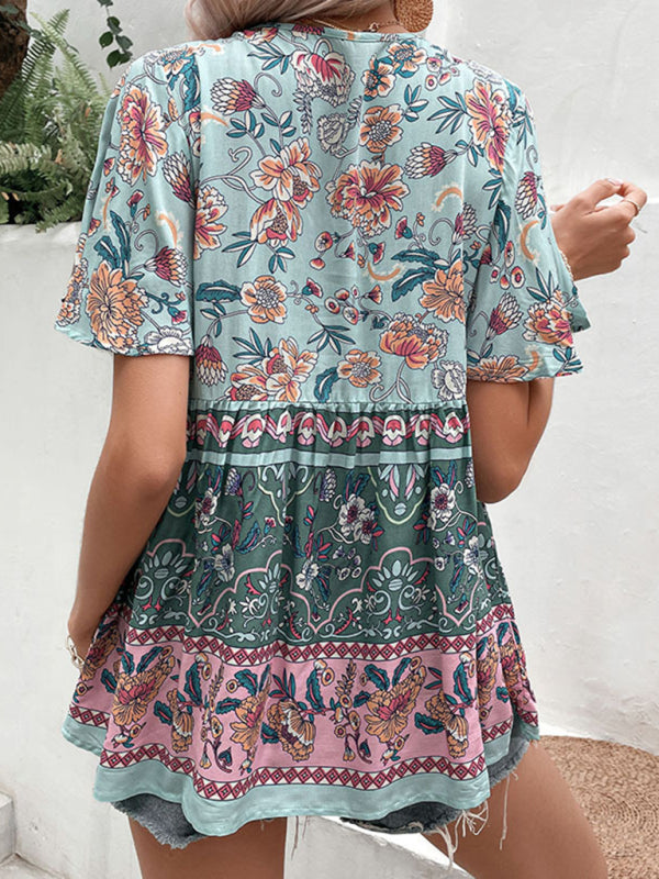 Boho Floral Print Blouse - Short Flared Sleeve Top With Neck Tie Blouses - Chuzko Women Clothing