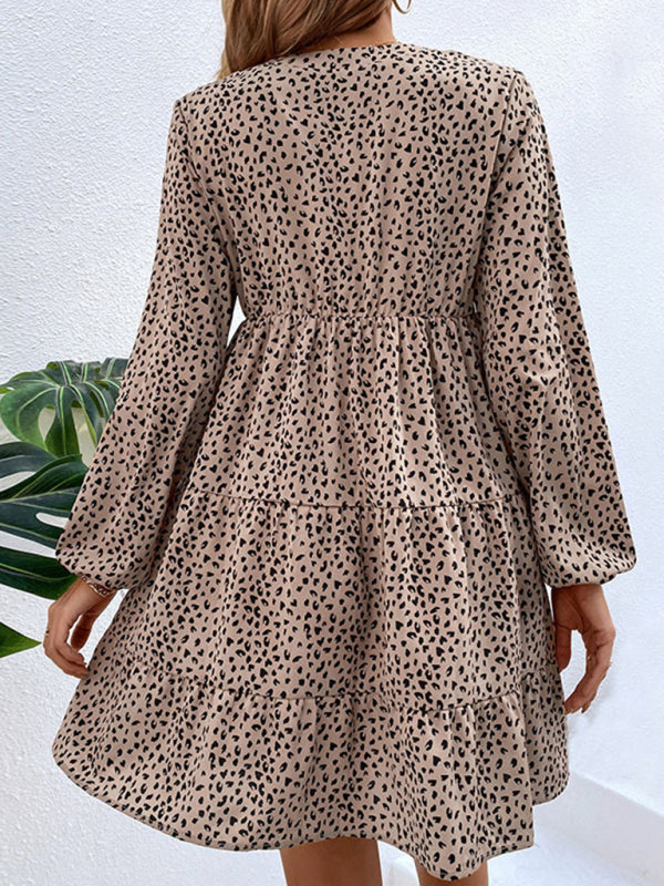 Wild and Chic: Animal Print Mini Dress with Tiered Skirt & Long Sleeve Tiered Dresses - Chuzko Women Clothing