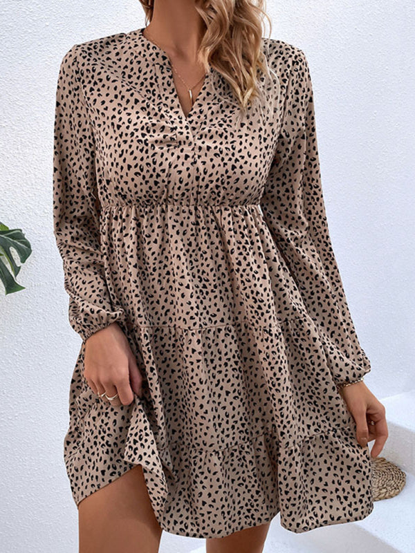 Wild and Chic: Animal Print Mini Dress with Tiered Skirt & Long Sleeve Tiered Dresses - Chuzko Women Clothing