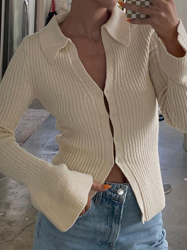 Ribbed Knitted V-Neck Long Sleeve Sweater Top Tops - Chuzko Women Clothing