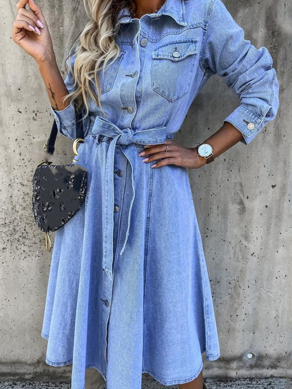 Denim Shirt Dress with Flap, Side Pockets - Belt Tie Jean Dress Denim Dresses - Chuzko Women Clothing