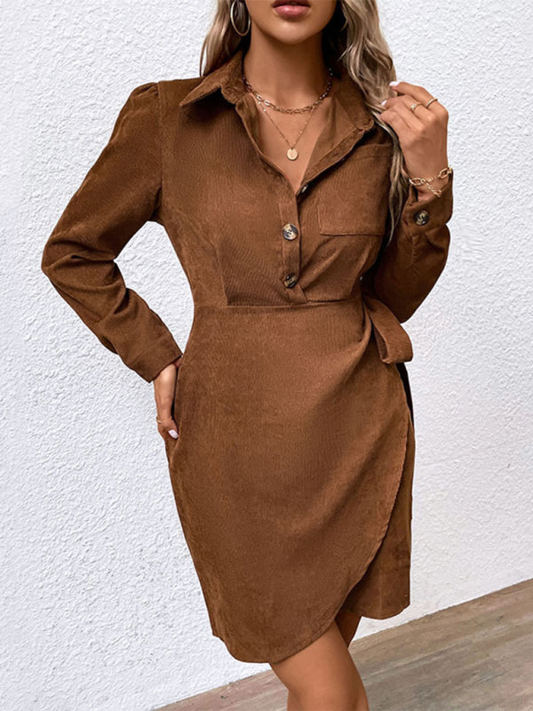 Corduroy Robe Shirt Dress: Knot Side, Long Sleeve, Half Button Front Robe Dresses - Chuzko Women Clothing