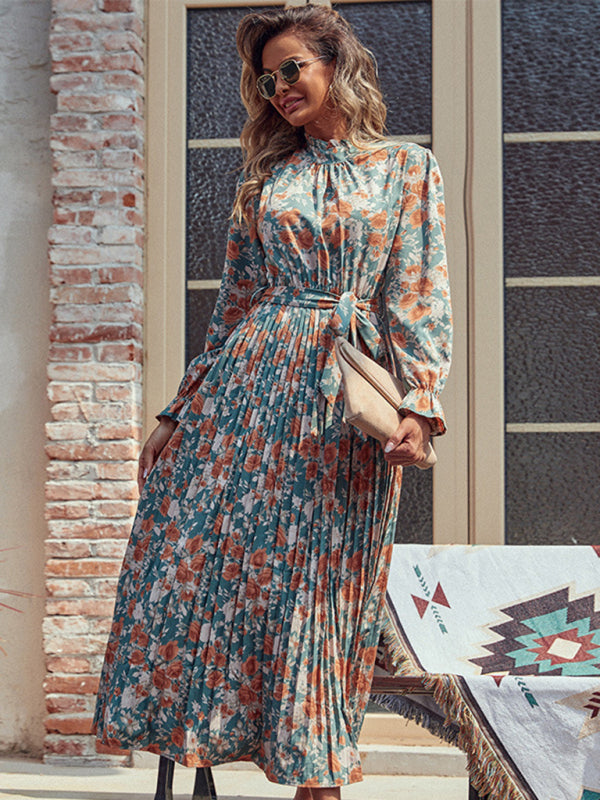 Fall in Love: Women's Floral Midi Dress with Matching Belt Tie Floral Dresses - Chuzko Women Clothing