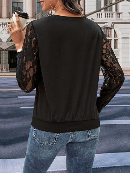 Elegant Lace Accents Top - Long Sleeve Round Neck Blouse Blouses - Chuzko Women Clothing
