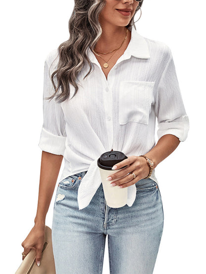 Textured Roll Up Sleeve Shirt -  Patch Pocket Side Top Shirts - Chuzko Women Clothing