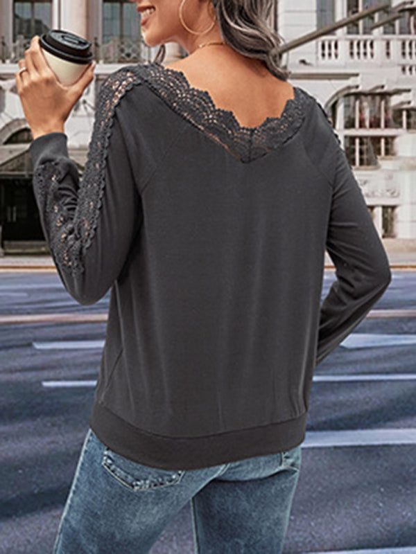 Elegant Lace Accents Top - Long Sleeve V Neck Blouse Blouses - Chuzko Women Clothing