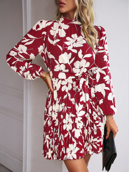 Elegant Autumn Floral Pleated Long Sleeve Mini Dress Pleated Dresses - Chuzko Women Clothing