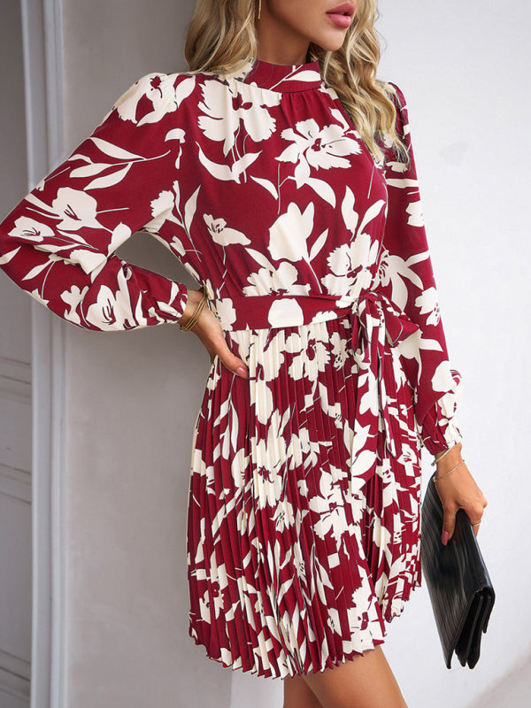 Elegant Autumn Floral Pleated Long Sleeve Mini Dress Pleated Dresses - Chuzko Women Clothing
