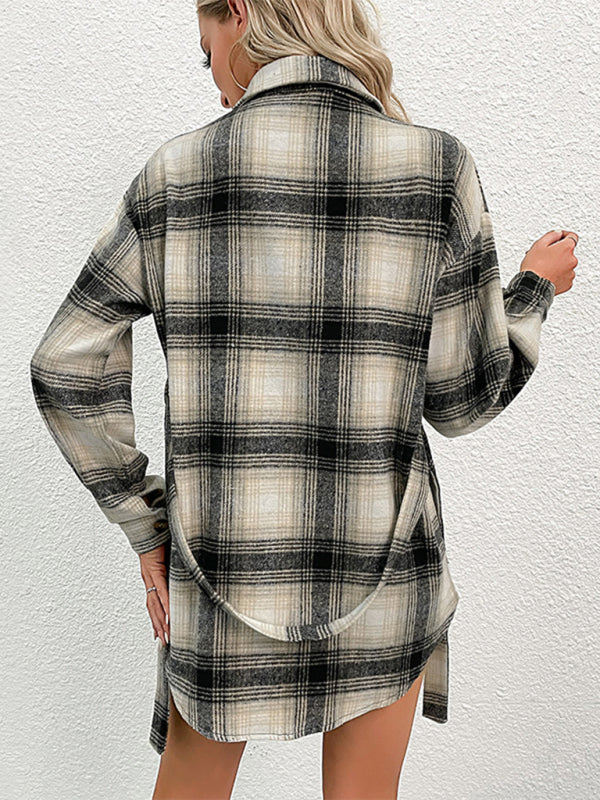 Comfy Plaid Jacket - Trendy Shirt Long Shacket Shackets - Chuzko Women Clothing