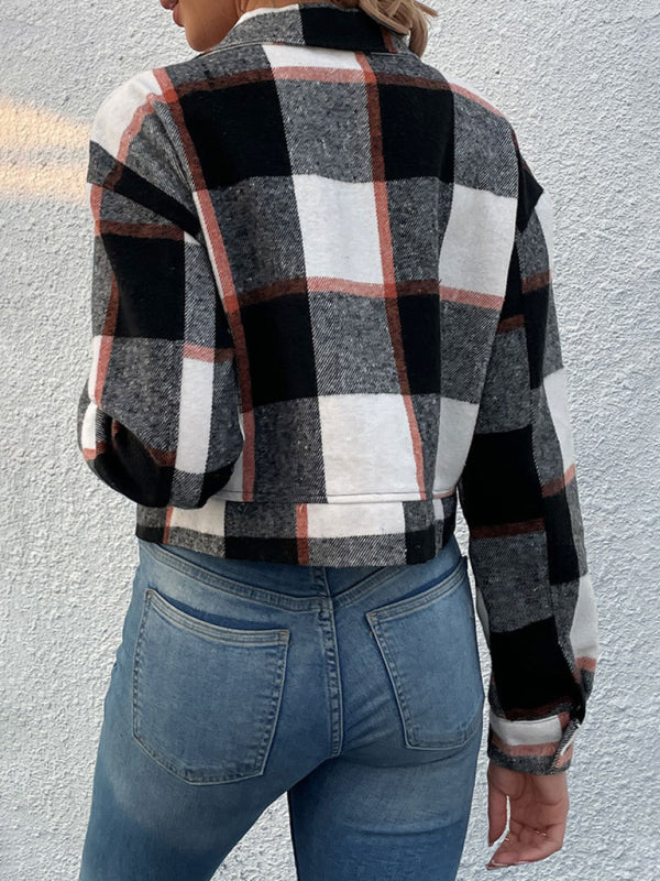 Trendy Women's Checked Shirt Jacket - Plaid Crop Jacket Shackets - Chuzko Women Clothing