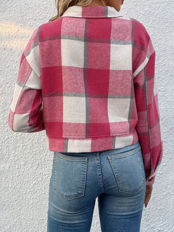 Trendy Women's Checked Shirt Jacket - Plaid Crop Jacket Shackets - Chuzko Women Clothing