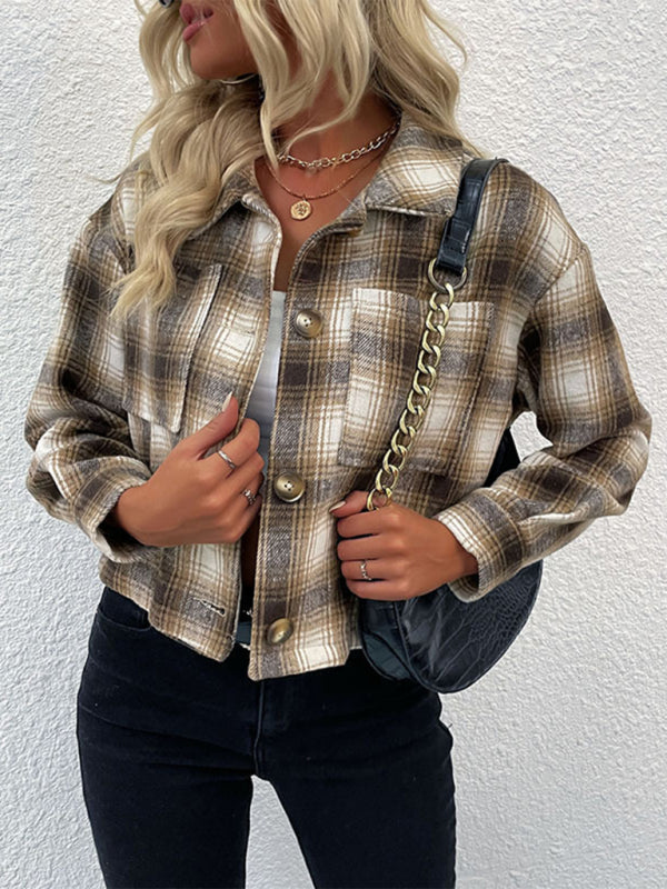 Comfy Shirt Crop Shacket - Checked Jacket with Patch Pockets Shackets - Chuzko Women Clothing