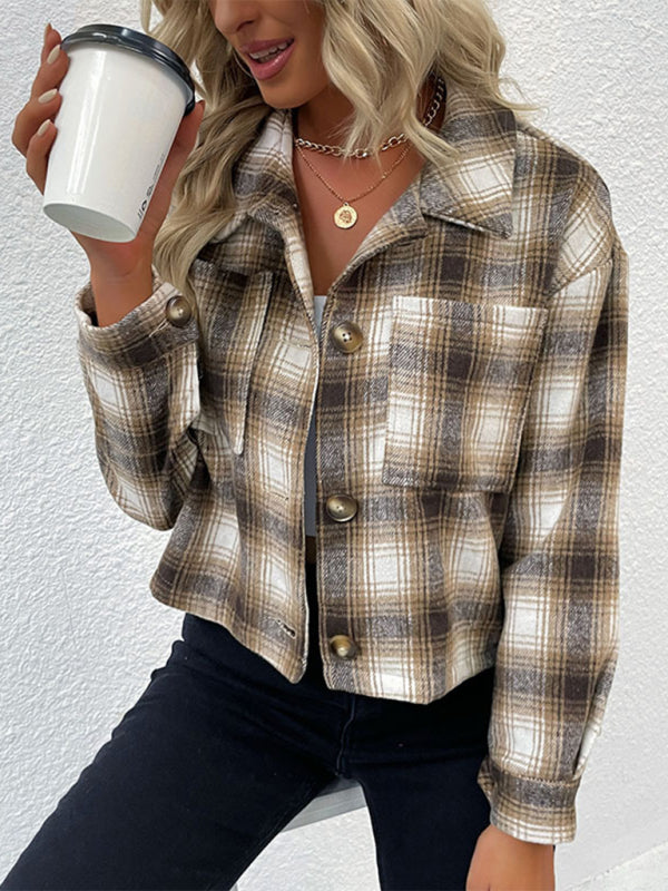 Comfy Shirt Crop Shacket - Checked Jacket with Patch Pockets Shackets - Chuzko Women Clothing