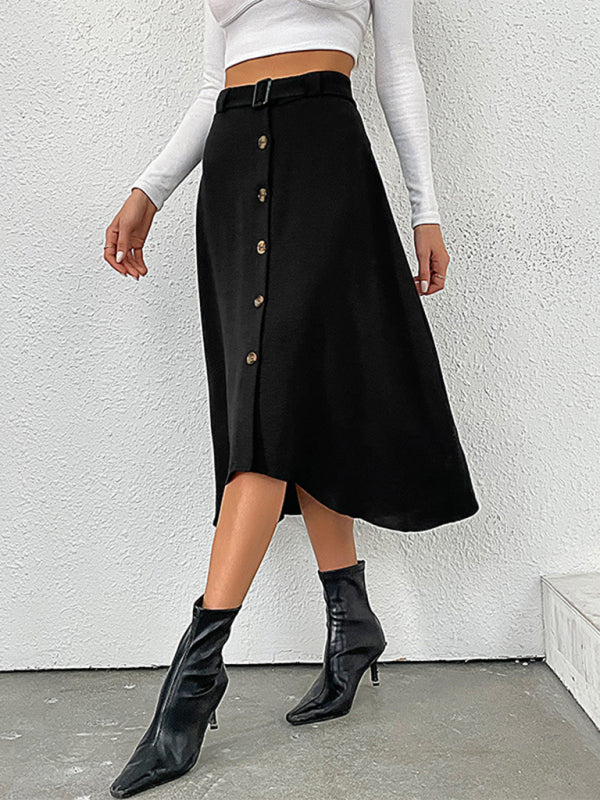Solid Button-Down Asymmetric A-Line Belted Midi Skirt Midi Skirts - Chuzko Women Clothing