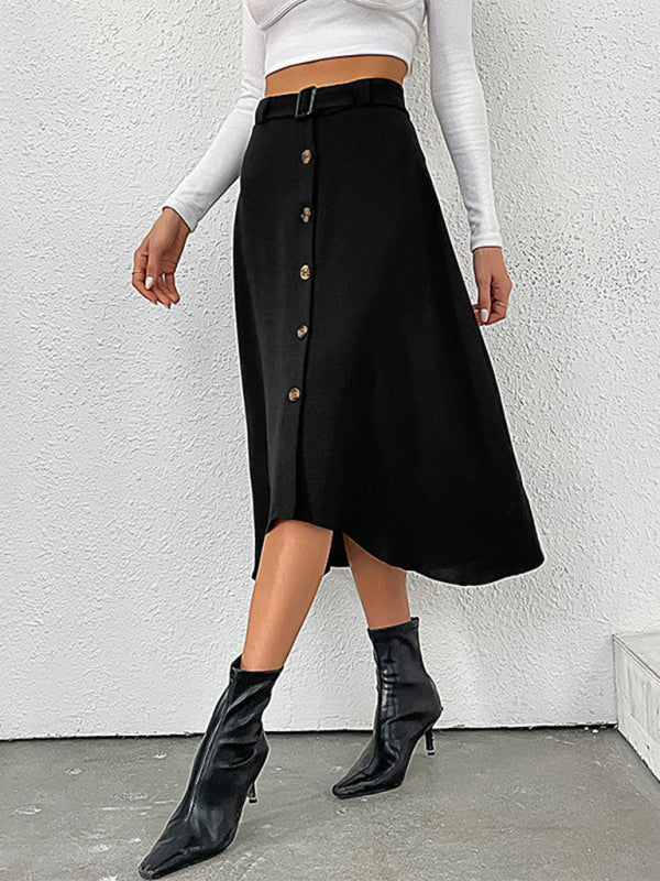 Solid Button-Down Asymmetric A-Line Belted Midi Skirt Midi Skirts - Chuzko Women Clothing