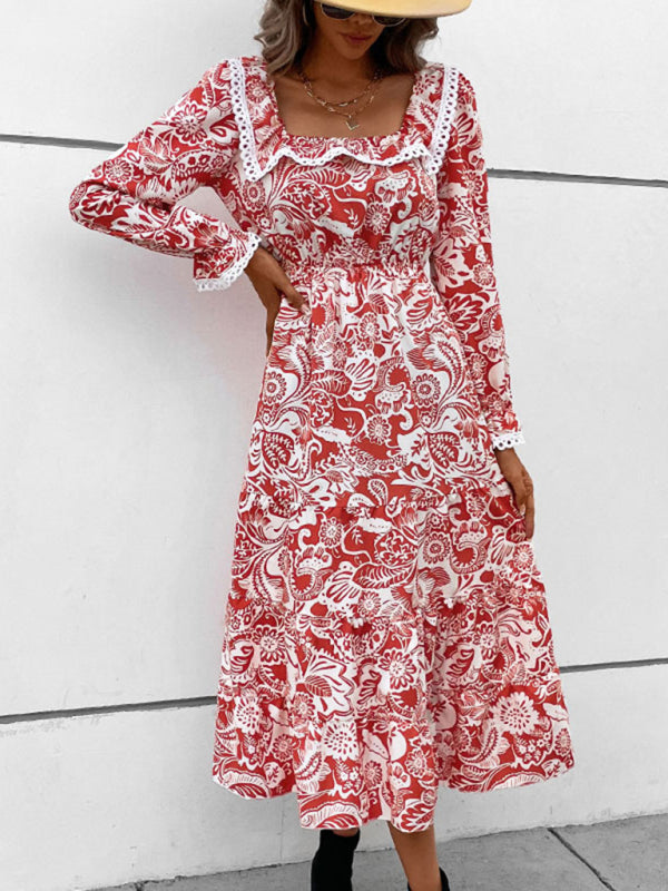 Paisley Square Neck Dress: Ruffle & French Lace Accents, Long Sleeves Midi Dresses - Chuzko Women Clothing