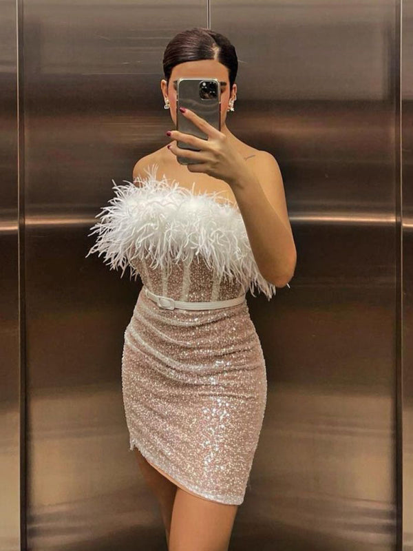 Glam Sequin Feather Dress: Strapless, Corset Boning, Belted Gown - Chuzko Women Clothing