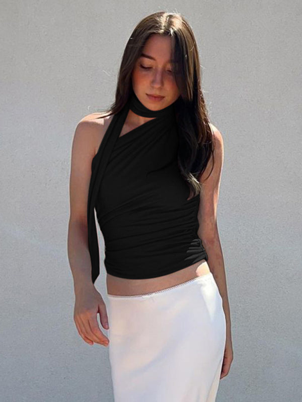 One Shoulder Top - Asymmetric Blouse + Scarf Asymmertic Top - Chuzko Women Clothing