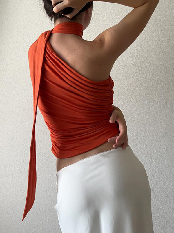 One Shoulder Top - Asymmetric Blouse + Scarf Asymmertic Top - Chuzko Women Clothing