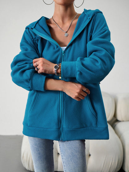 Plush Fleece Kangaroo Pockets Zip-Up Hoodie Jacket Hoodies - Chuzko Women Clothing