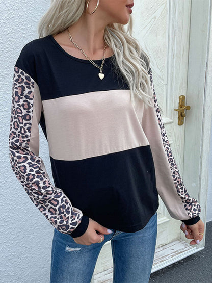 Fierce Leopard Print Tee - Patchwork Long Sleeve Top T-Shirts - Chuzko Women Clothing